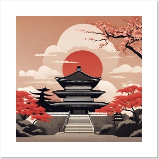 Japanese temple with red sun Posters and Art